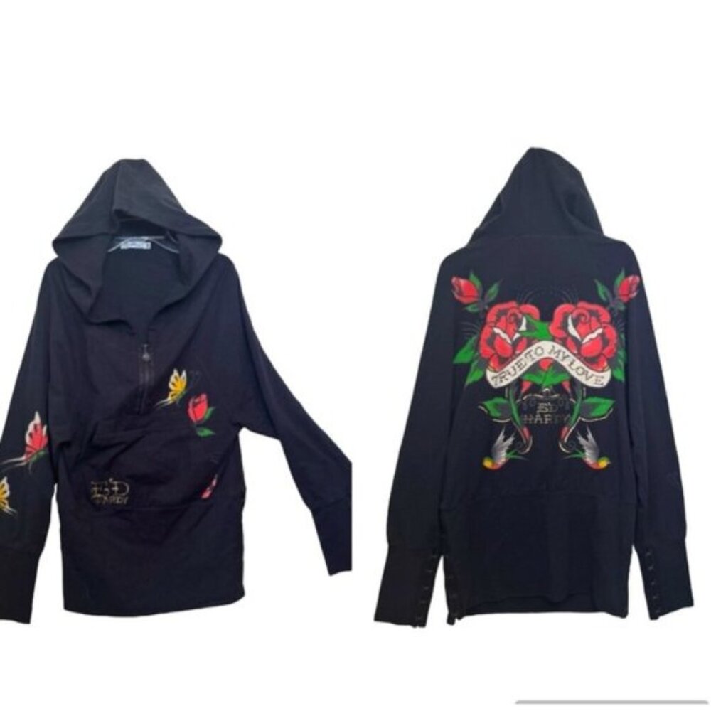 Ed Hardy Vintage Y2k 1/2 Zip Hoodie Cotton Tattoo Roses Graphic Long Sleeves Xs